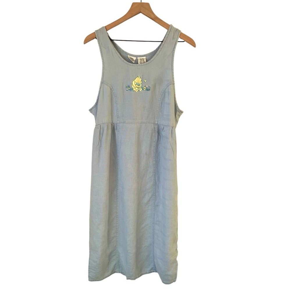 Winnie the Pooh Disney Vintage Linen Embroidered Midi Dress Size Small Blue